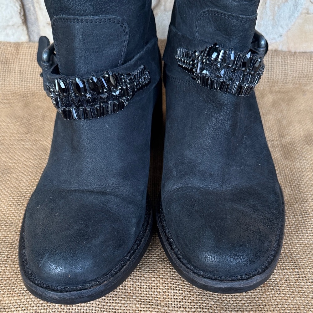 Vera Wang Lavander Label Crystal Embellished Biker Boots Black Leather  6 1/2 - Picture 5 of 13